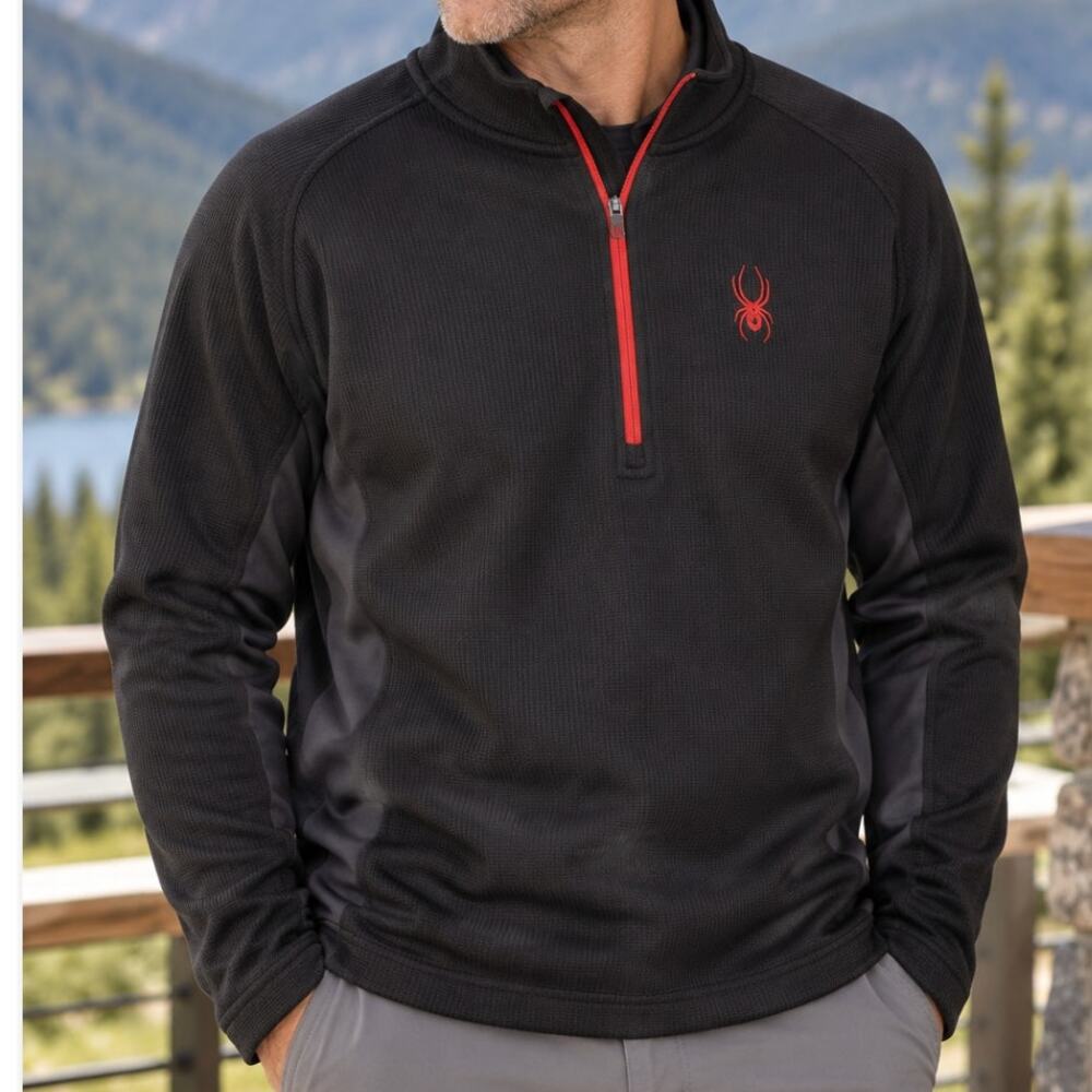 Spyder Men’s XL 1/4 Zip Pullover Black Red Ribbed Knit Ski Outdoor Performance